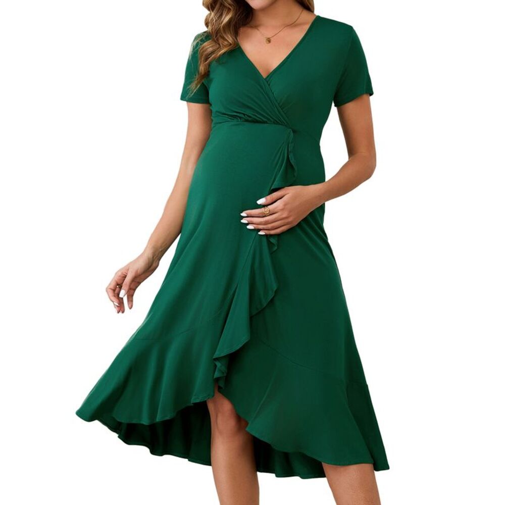 Maternity Nursing Wrap V Neck Pleated Ruffle Semi Formal Dress Deep Green